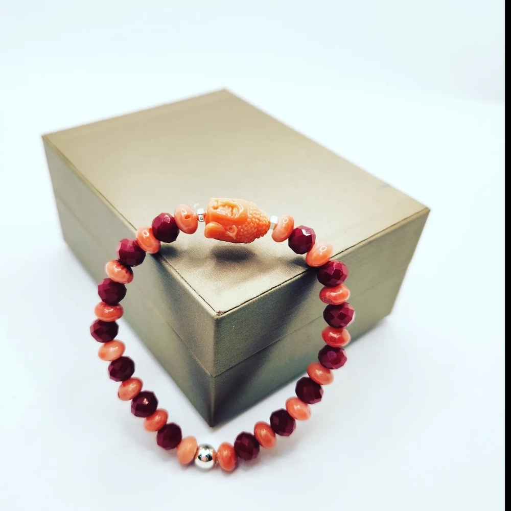 Orange Coral, Czech Glass Buddha charm bracelet